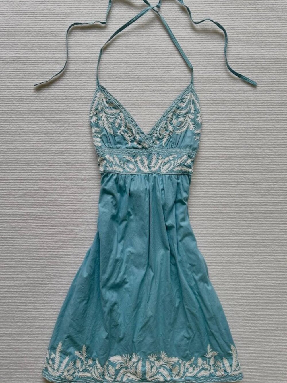 Vintage Teal Blue Embroidered Halter Maxi Dress Floral Boho Summer Beach Dress